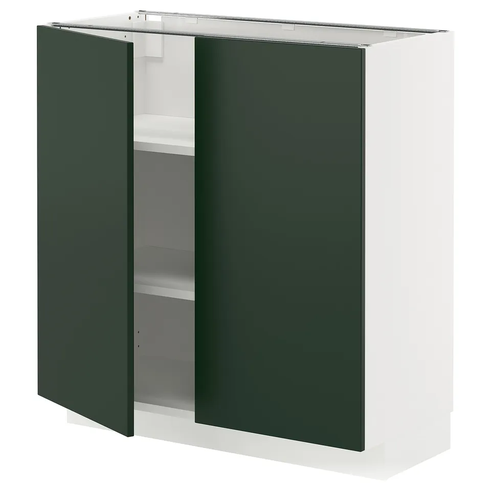 METOD kitchen cabinet, dark green, white frame, two doors, square shape.