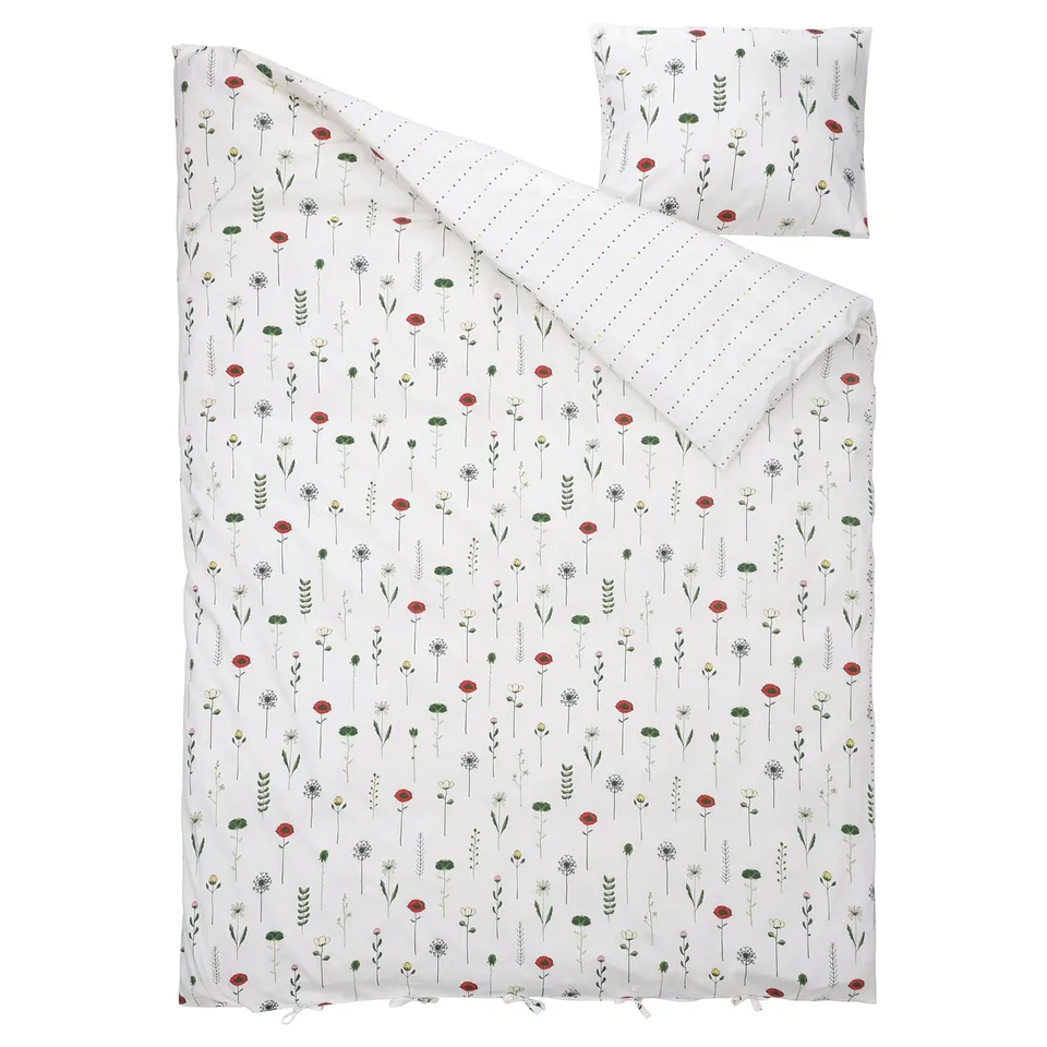 NATTSLÄNDA duvet set, white with colourful flowers. Cotton-lyocell blend, rectangular with button closure.