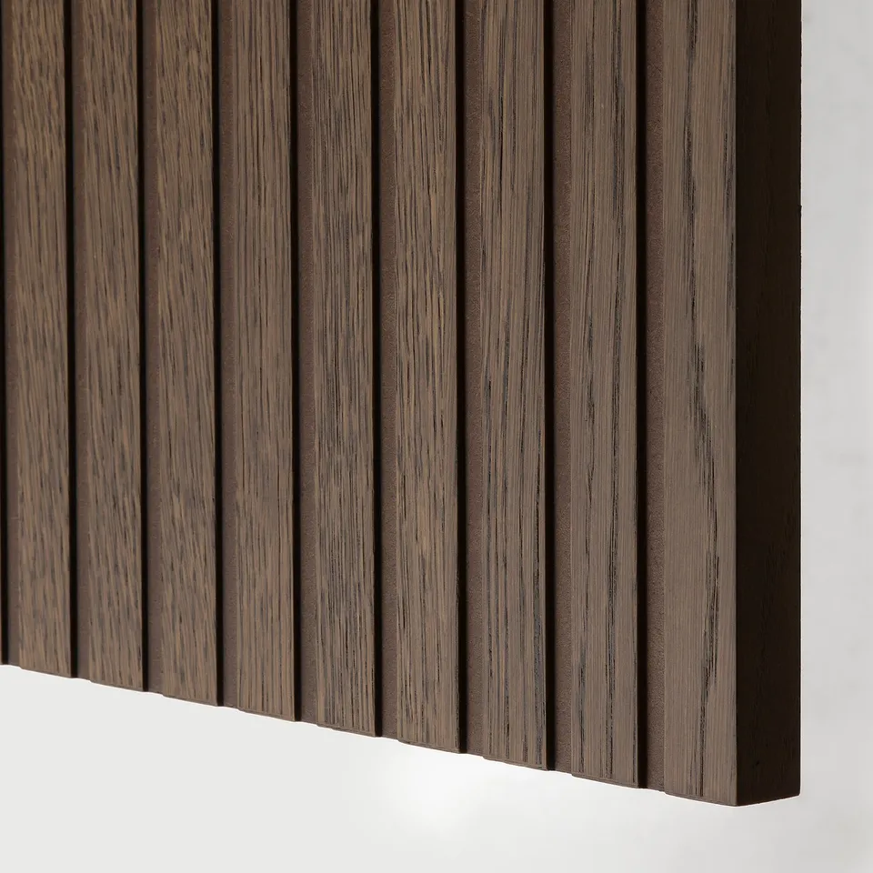 BESTÅ Wall-mounted cabinet combination, black-brown Björköviken/brown stained oak veneer, 180x22x38 cm