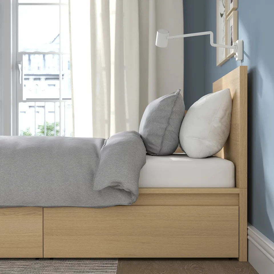 MALM Bed frame, high, w 2 storage boxes, white stained oak veneer/Lönset, 90x200 cm