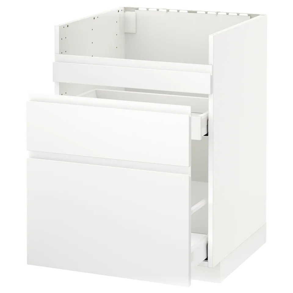 White METOD kitchen unit with drawers and no top panel.