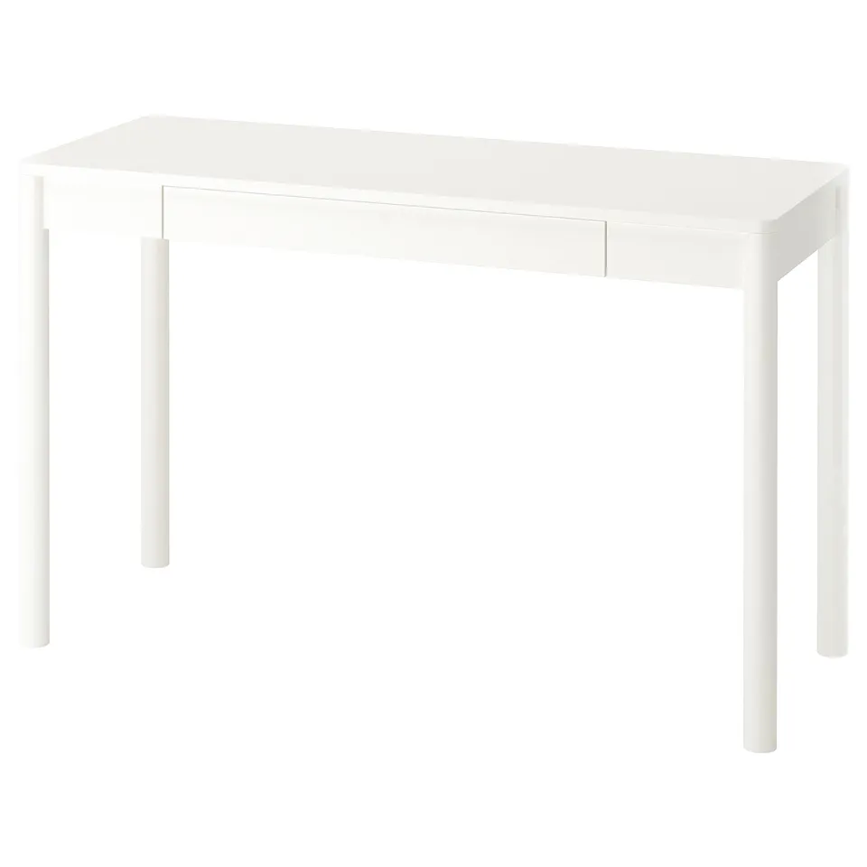 White TONSTAD narrow desk with single drawer, sleek rectangular design, high-quality off-white finish.