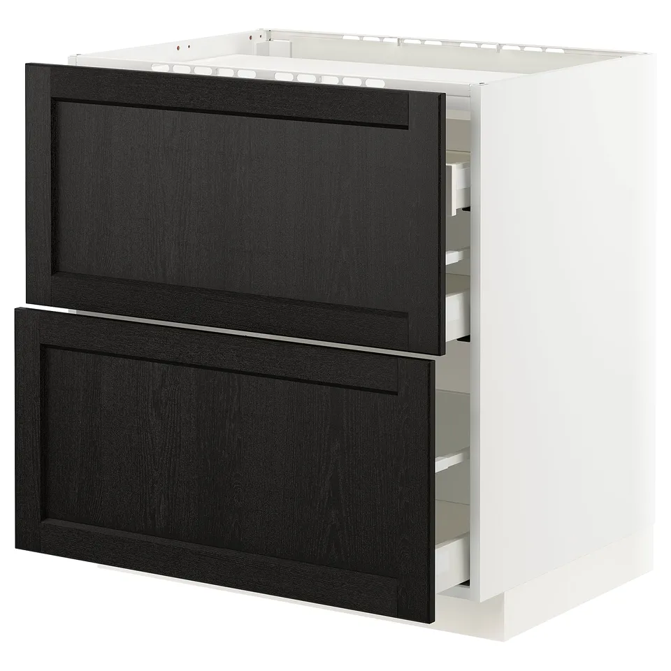 Modern white and black kitchen cabinet with two dark drawers, sleek and elegant design.