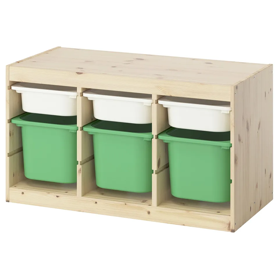 TROFAST storage in natural wood with green and white bins. Rectangular, organised.