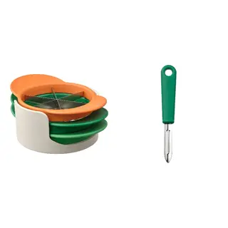 UPPFYLLD set: fruit cutter, set of 4 + potato peeler, mixed colours + green, Height 7.4 cm