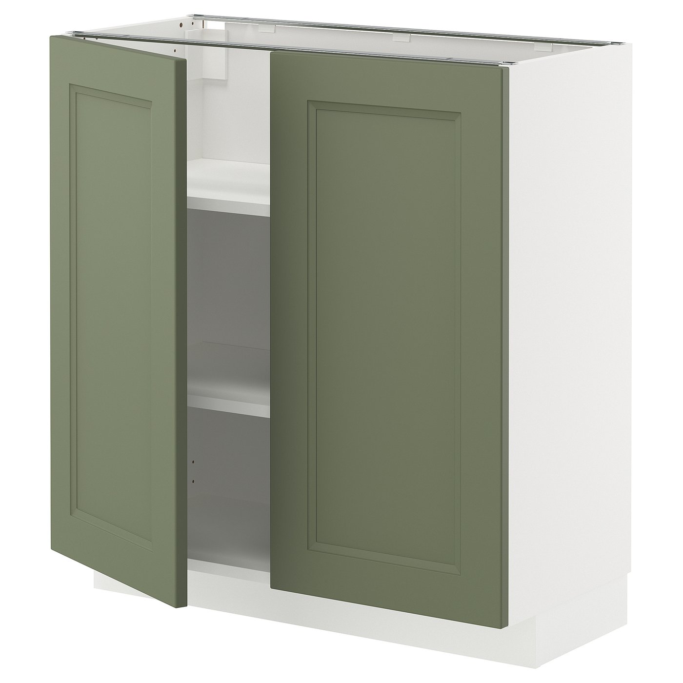 An open greenish-gray METOD kitchen cabinet with adjustable shelves.