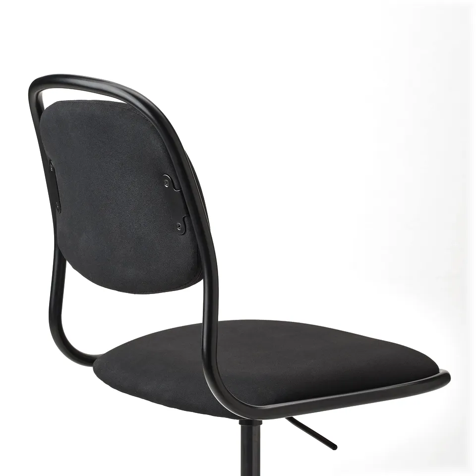 Black office chair with high-density foam for comfort, metal frame, and swivel casters.