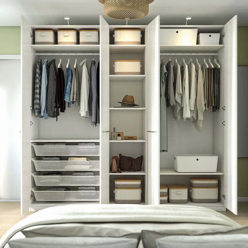 Open wardrobe with clothes hangers, shelves, and storage bins.