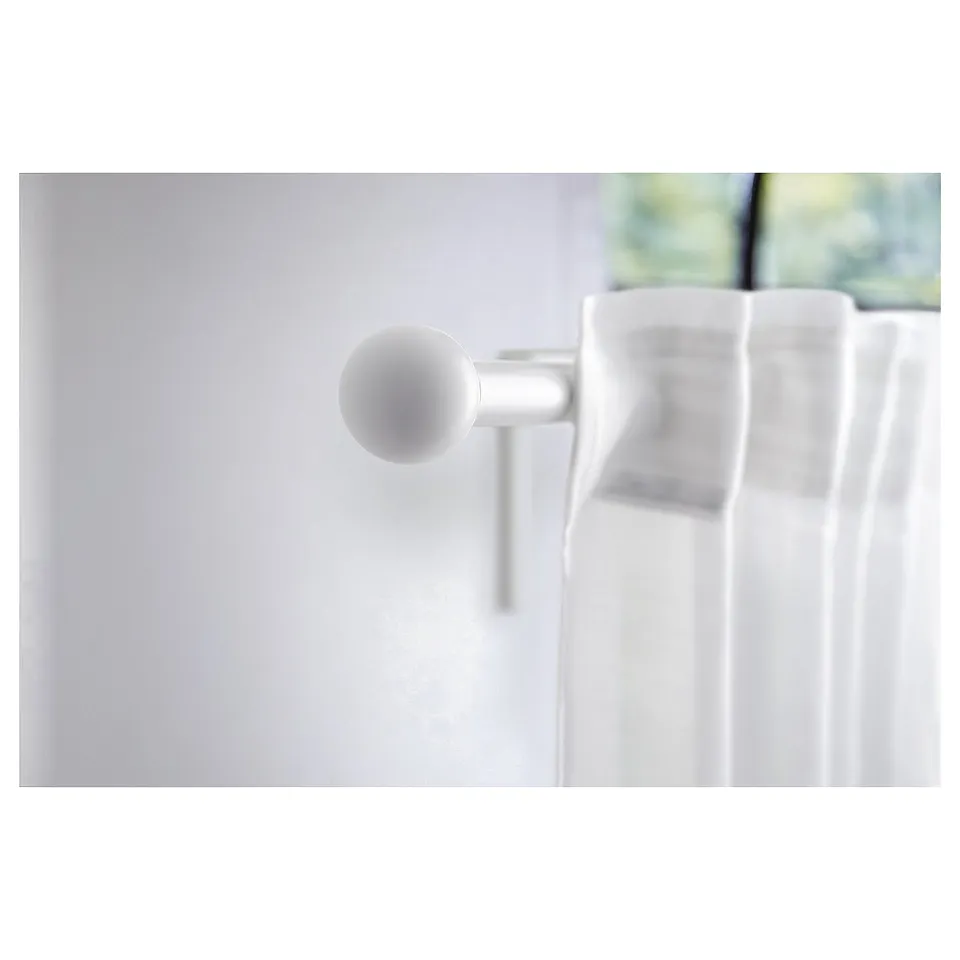 White, spherical finial for curtain rod, made from recycled plastic, matte finish.