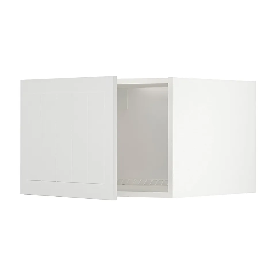 White METOD kitchen cabinet with open door showing shelves.