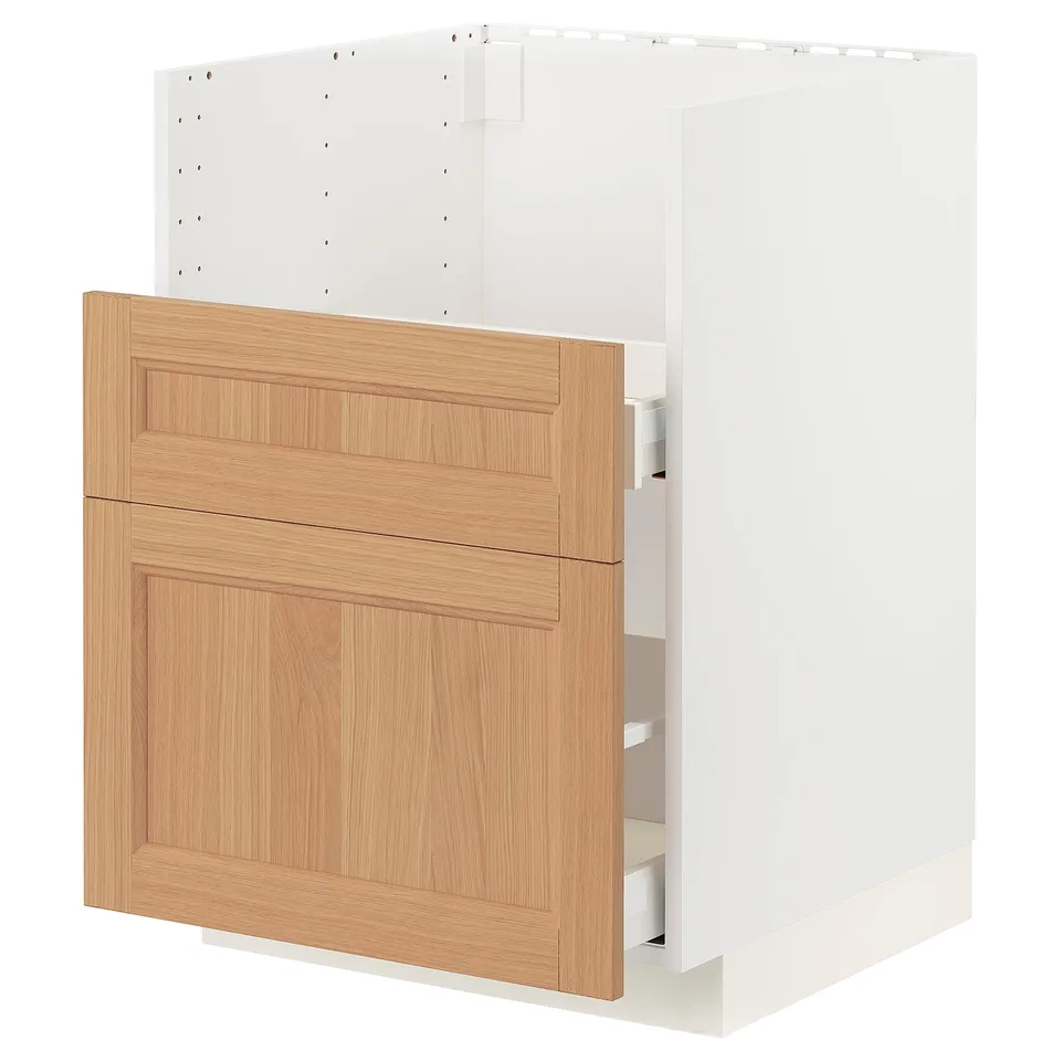White METOD cabinet with oak drawers, modern design for kitchen.