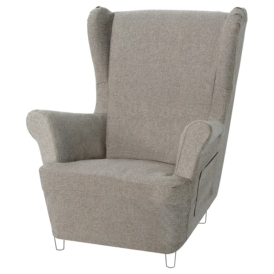 Grey STRANDMON kids armchair with high back, winged sides, and woven recycled polyester cover.
