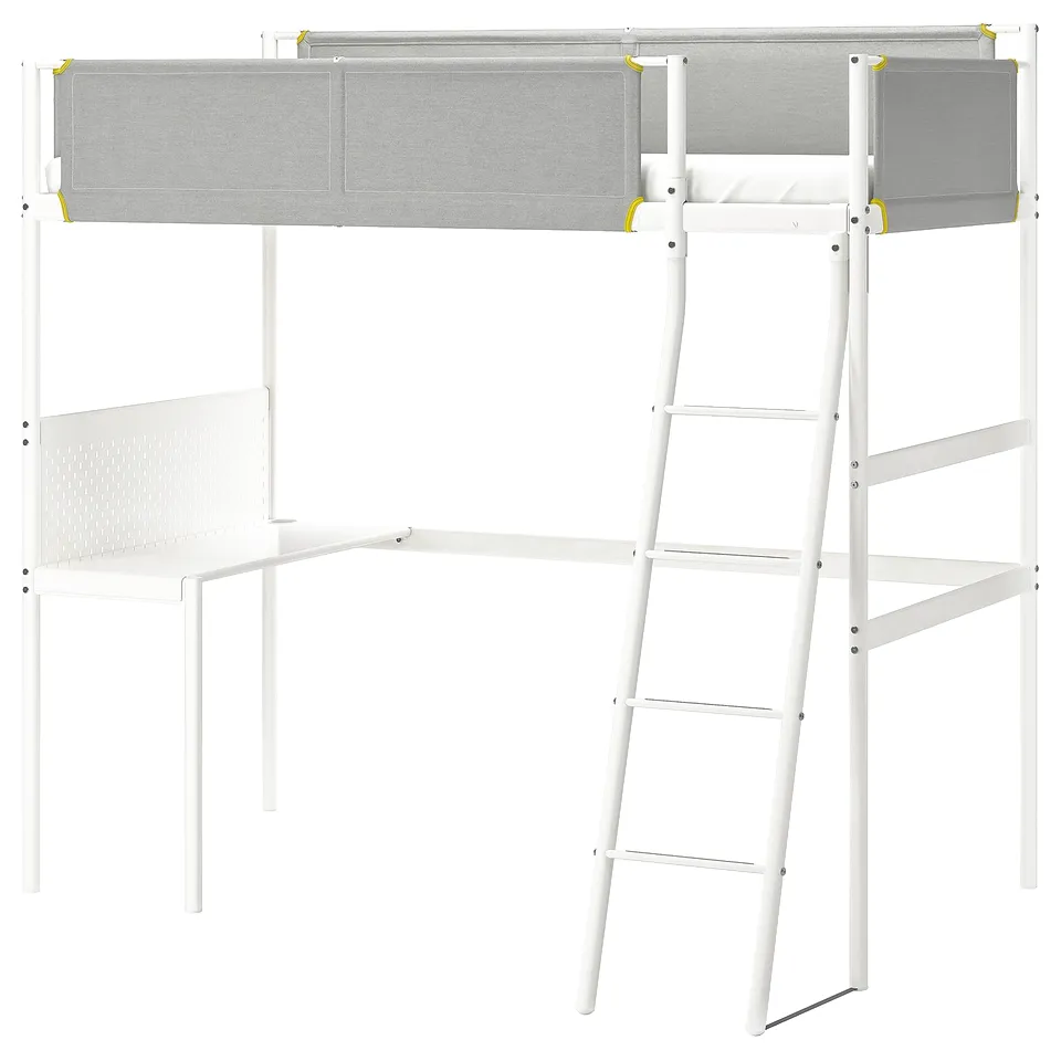 VITVAL white metal loft bed with desk and ladder, modern minimalist design for compact spaces.