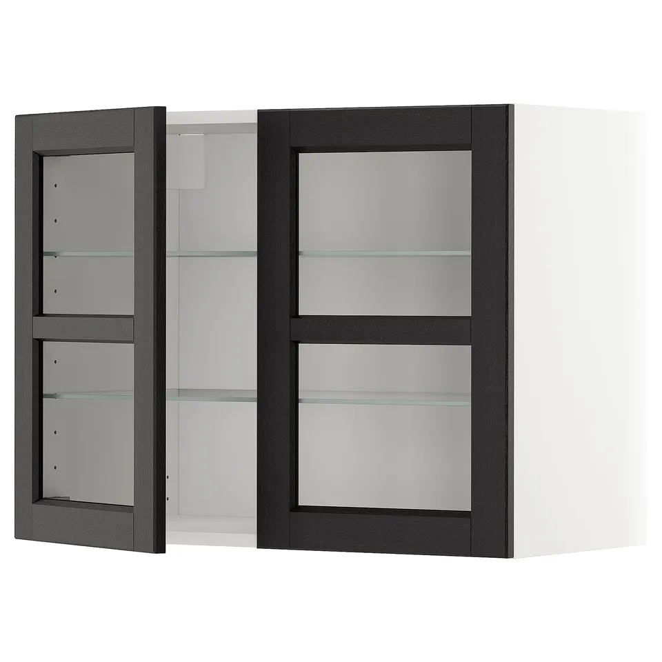 Black stained glass-door cabinet with bevelled edges and adjustable shelves.