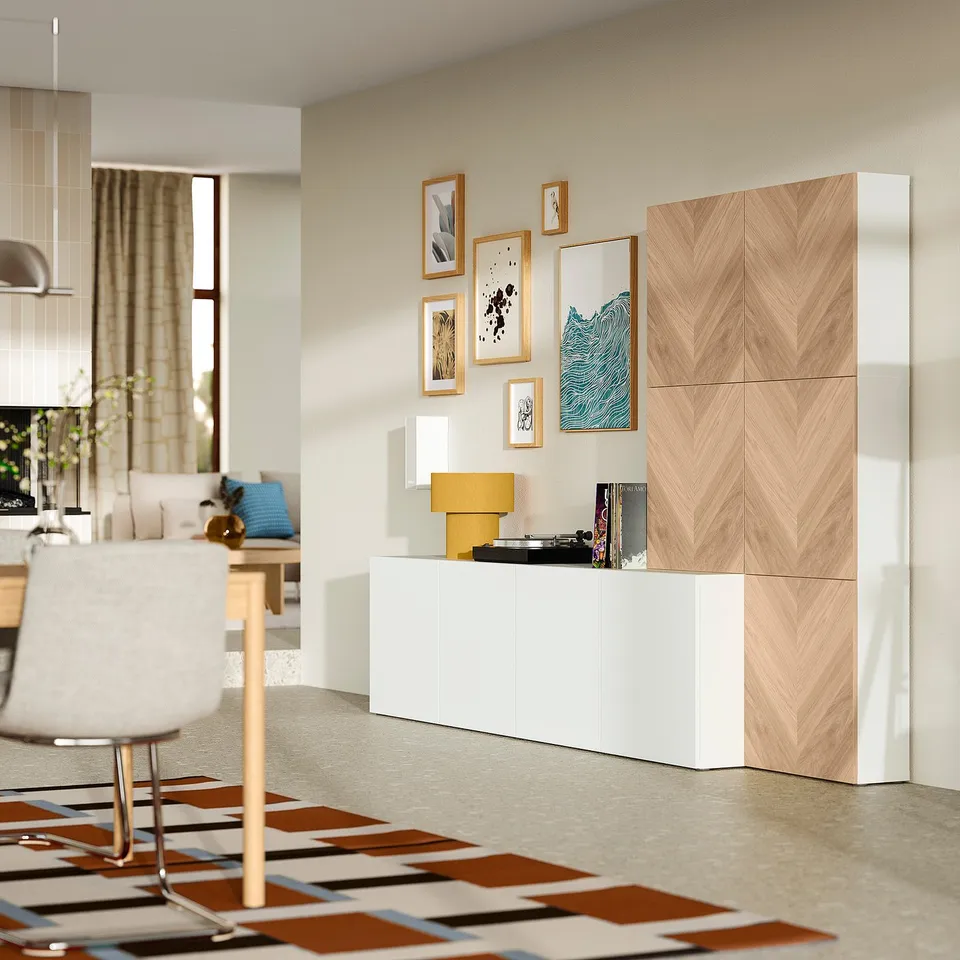 BESTÅ Storage combination with doors, white Lappviken/Hedeviken oak, 300x42x193 cm