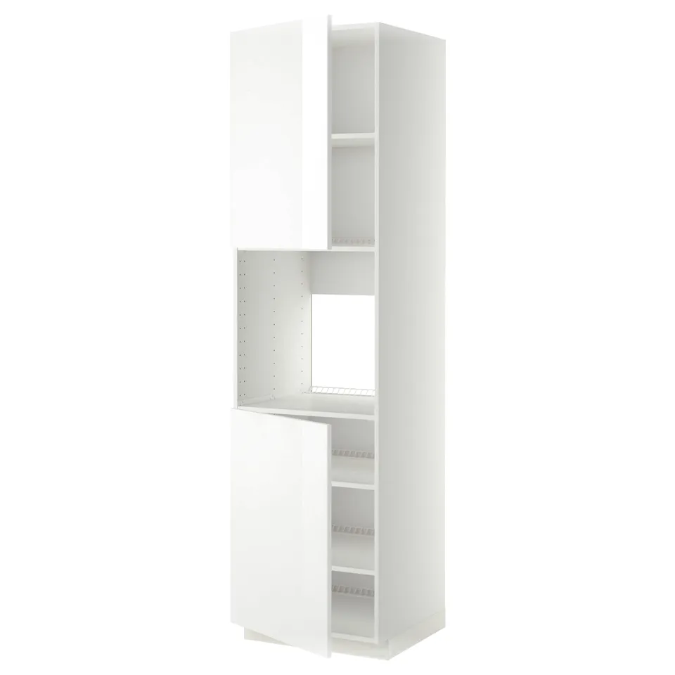 White METOD kitchen unit with glossy doors and shelves.
