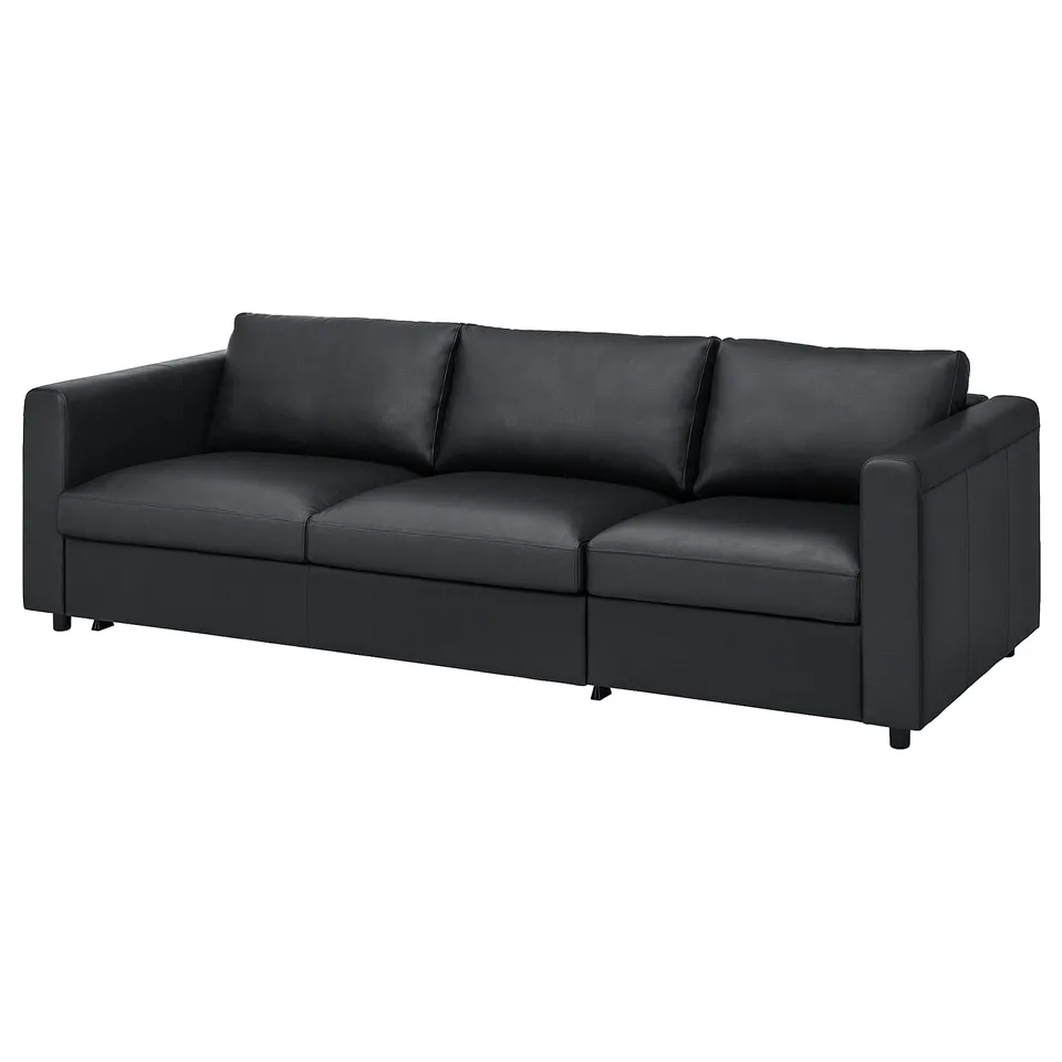 VIMLE black leather sofa. Three-seater with sleek, minimalist design. Comfortable, modern look.