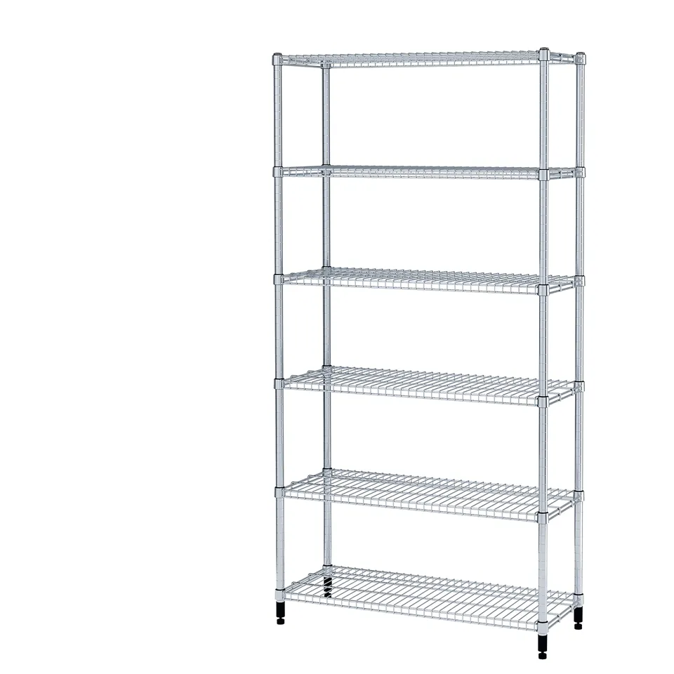 Silver OMAR shelving unit with 5 adjustable shelves, sturdy steel frame, adjustable feet.