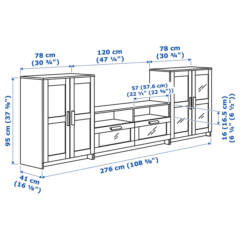 BRIMNES TV storage combination/glass doors, black, 276x41x95 cm