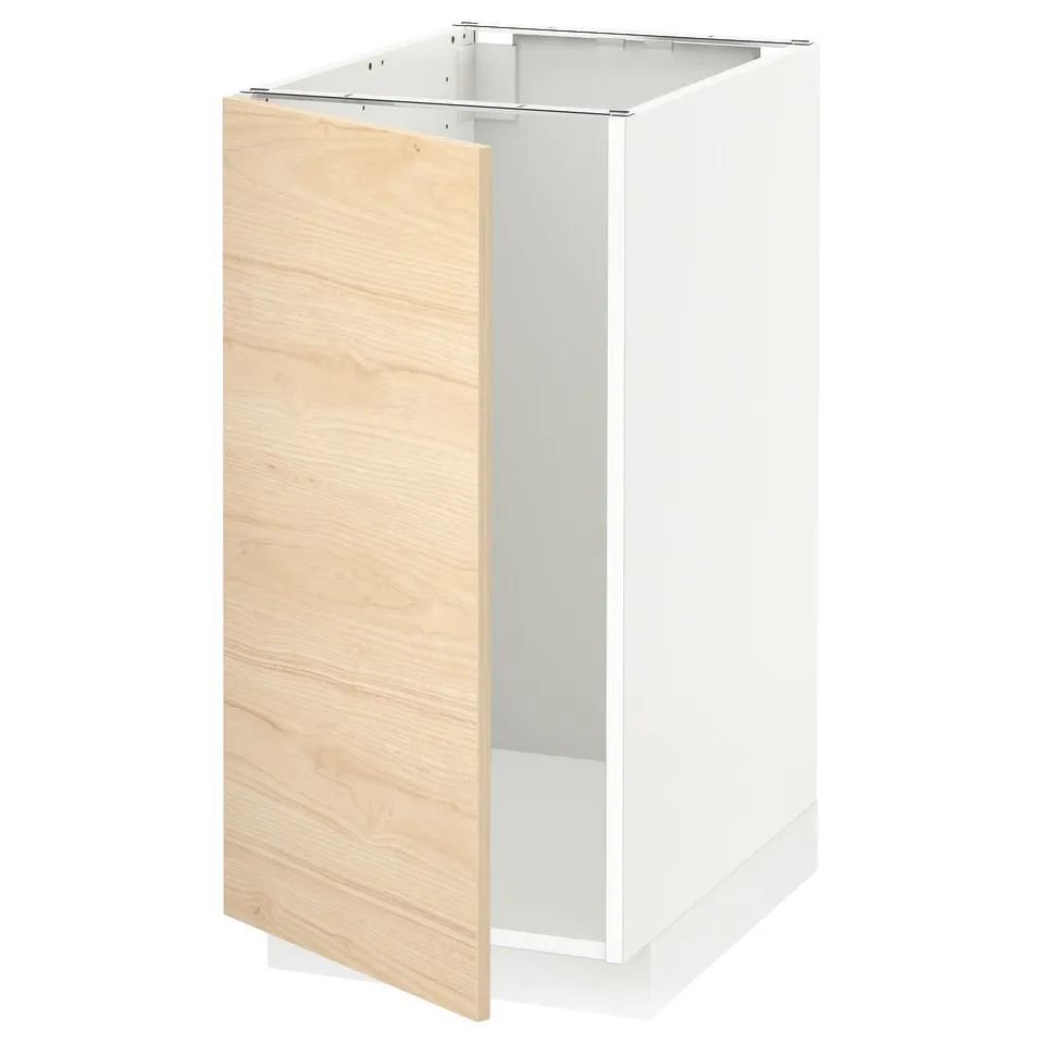A white METOD kitchen cabinet with a light ash wood-patterned door on the left. It a sleek design and sturdy construction.