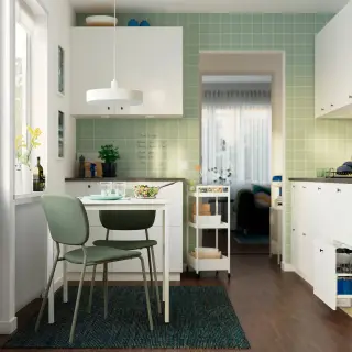 VIHALS set: dining table + chair x2, white/white + green/Tibbleby grey-green, 74x74 cm