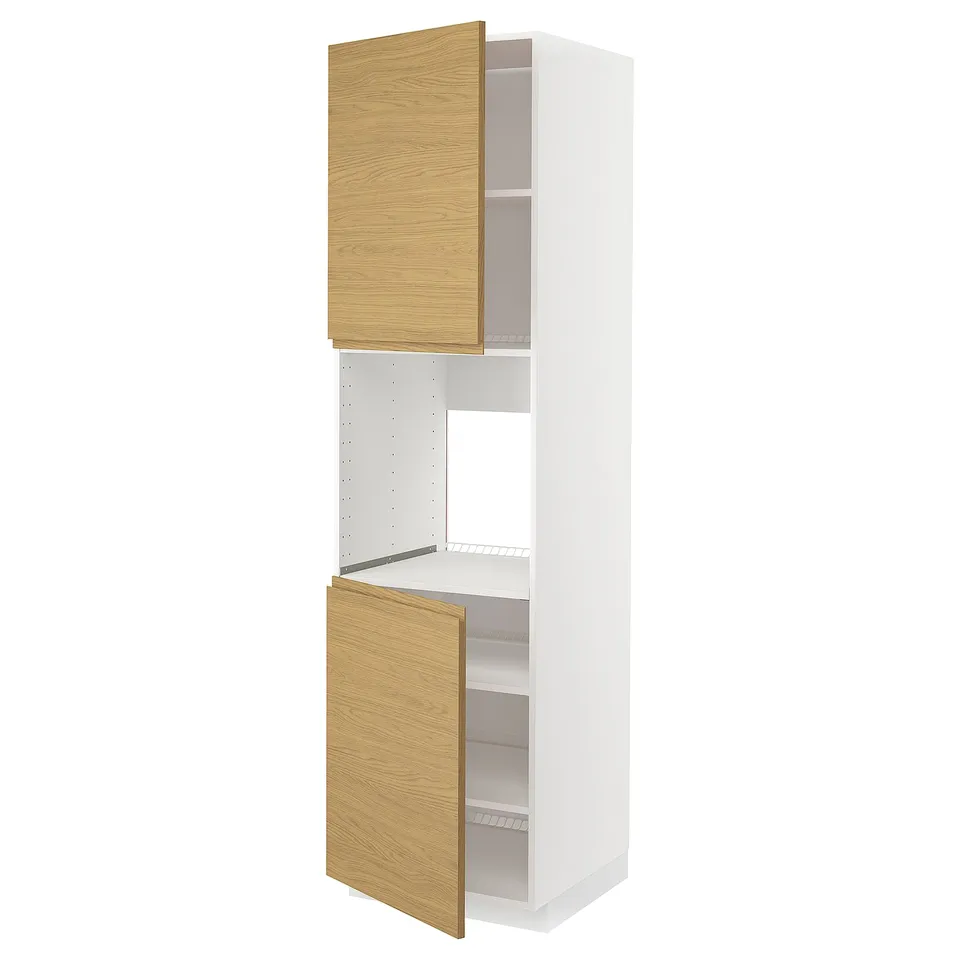 White METOD kitchen cabinet, oak doors, minimalist handles, one open section.