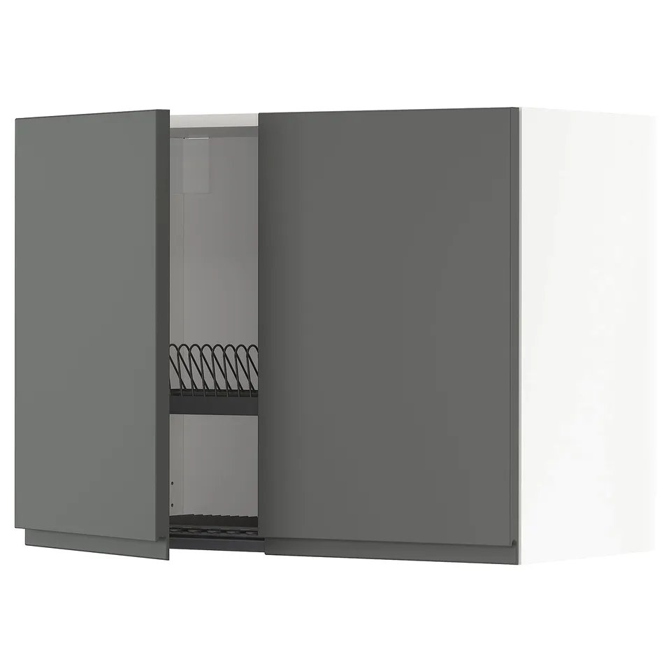 Black METOD kitchen cabinet with one door open, showing black shelves.
