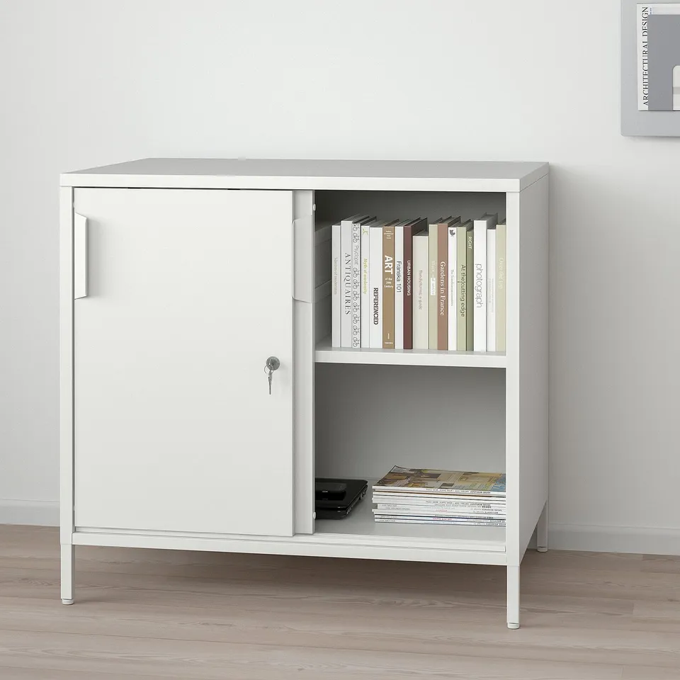White cabinets with sliding doors, locked for security, and adjustable shelves for versatile storage.