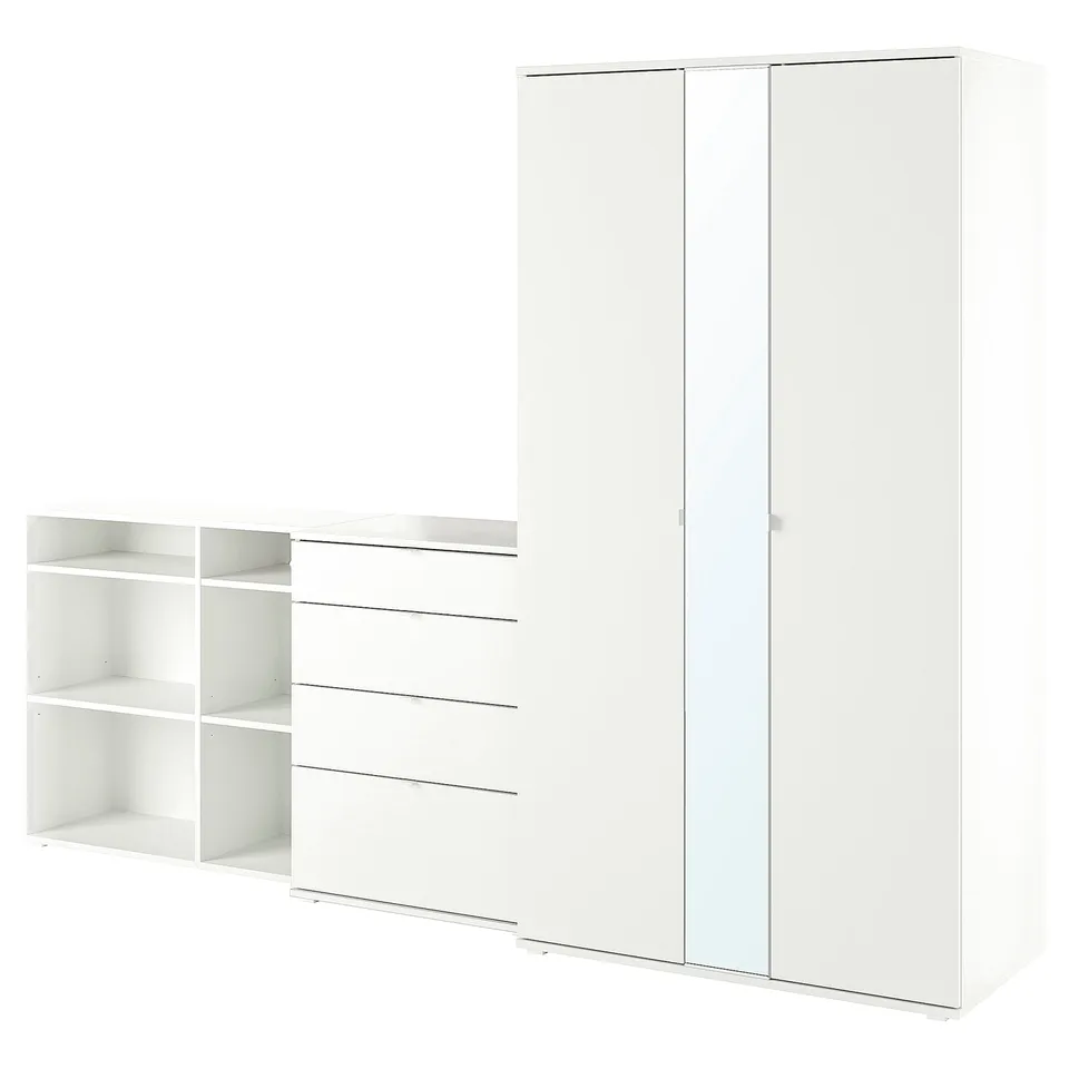 A white VIHALS wardrobe with two doors and a matching chest of four drawers, both sleek and modern, made of particleboard and acrylic paint.