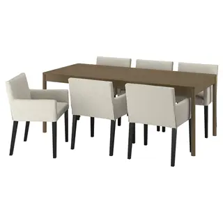 TONSTAD / MÅRENÄS table and 6 chairs, brown oak veneer/Gunnared beige black, 200x85 cm
