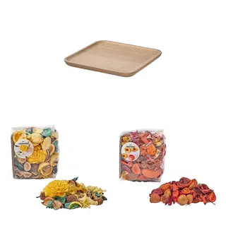 BROKFINK/FRÖFINK set: decoration dish + scented potpourri + scented potpourri, beech + Citrus flower yellow + Peach orange, 20x20 cm