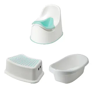 FÖRSIKTIG/LOCKIG/LÄTTSAM set: children's potty + children's stool + baby bath, white/turquoise, Length 36 x Width 27 x Height 28 cm