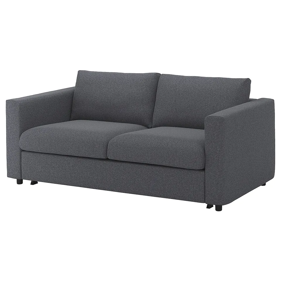 VIMLE: modern grey fabric sofa-bed, sleek design, convertible seat, white background.