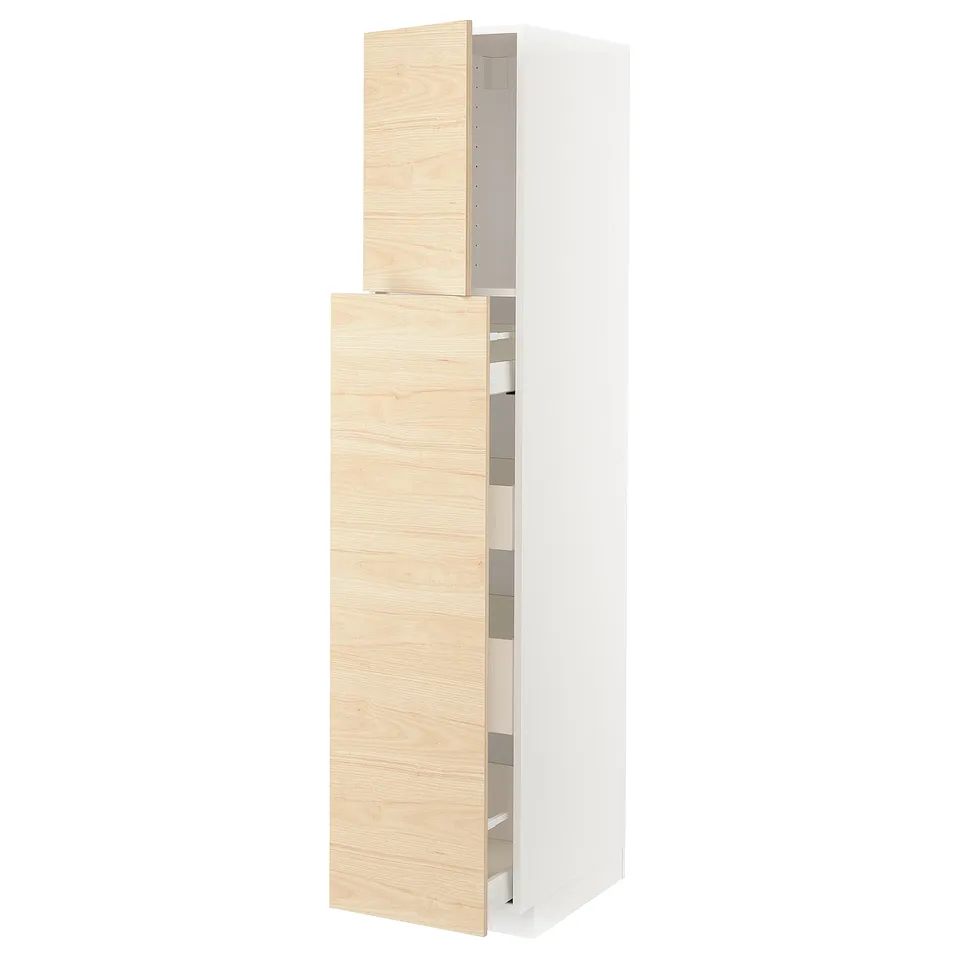 Light wood cabinet with white frame, sleek minimalist design, vertical drawers.