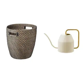 RÅGKORN/VATTENKRASSE set: plant pot + watering can, in/outdoor dark grey/beige + ivory/gold-colour