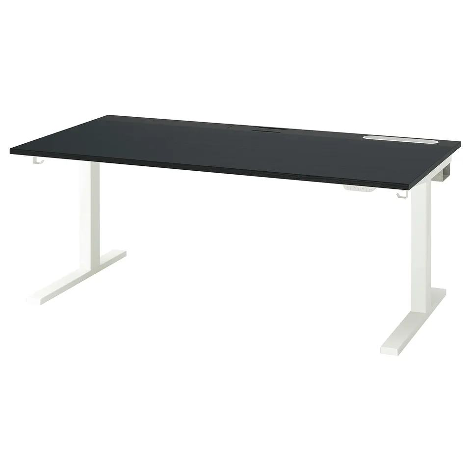 MITTZON desk: sleek black top, white legs, adjustable height, minimalist design.