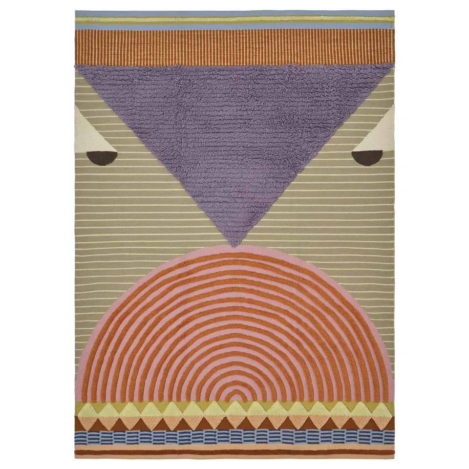 Ommajange rug: multicoloured geometric patterns in browns, lavenders, pinks, and blues; handwoven with wool and cotton; rectangular shape.