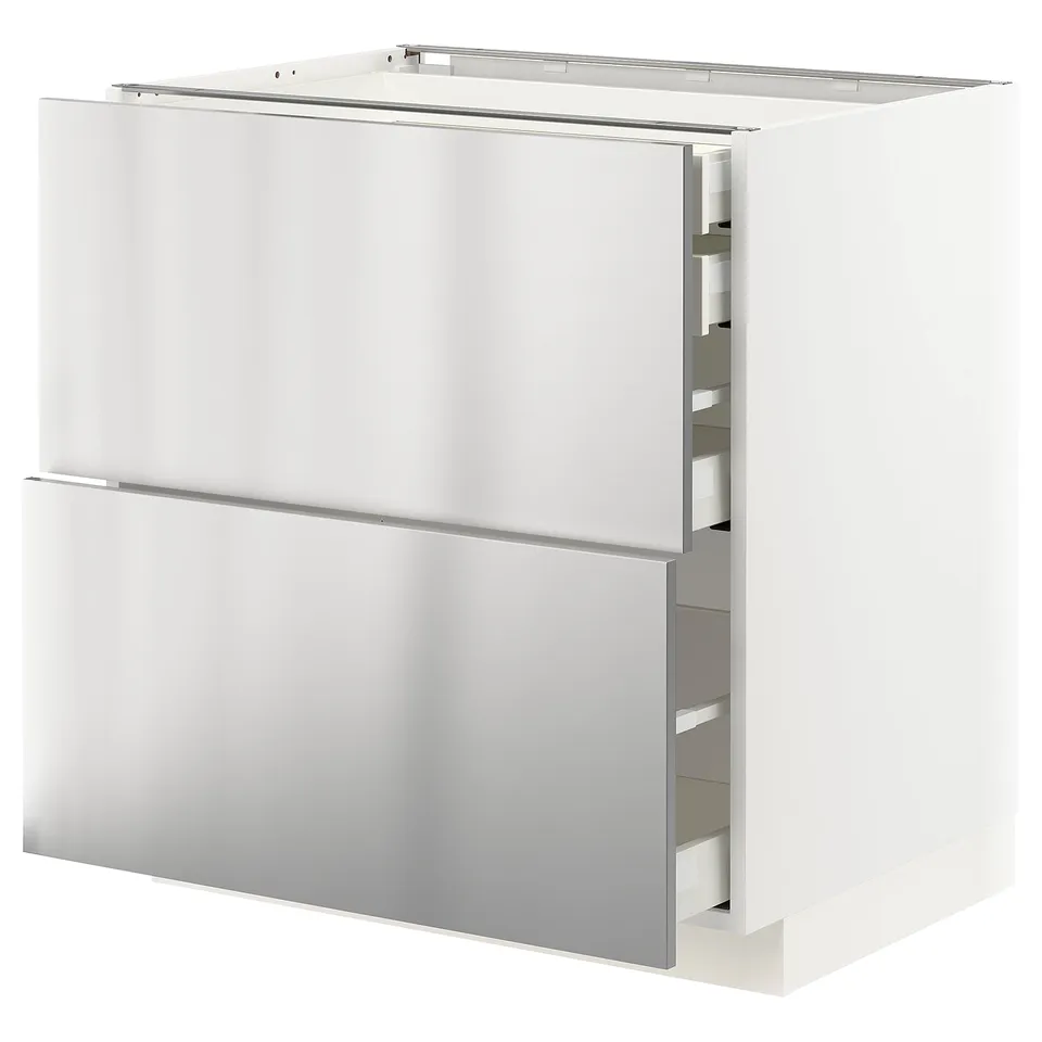 Modern stainless-steel kitchen unit with drawers.