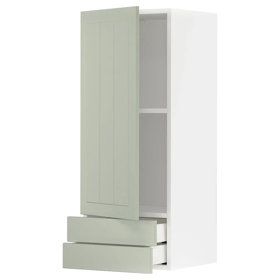 METOD kitchen unit: tall white cabinet with green panels & 2 drawers, modern design.