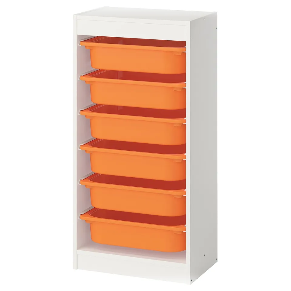 A white TROFAST storage unit with orange plastic boxes. It has a simple, modern design with five removable boxes.