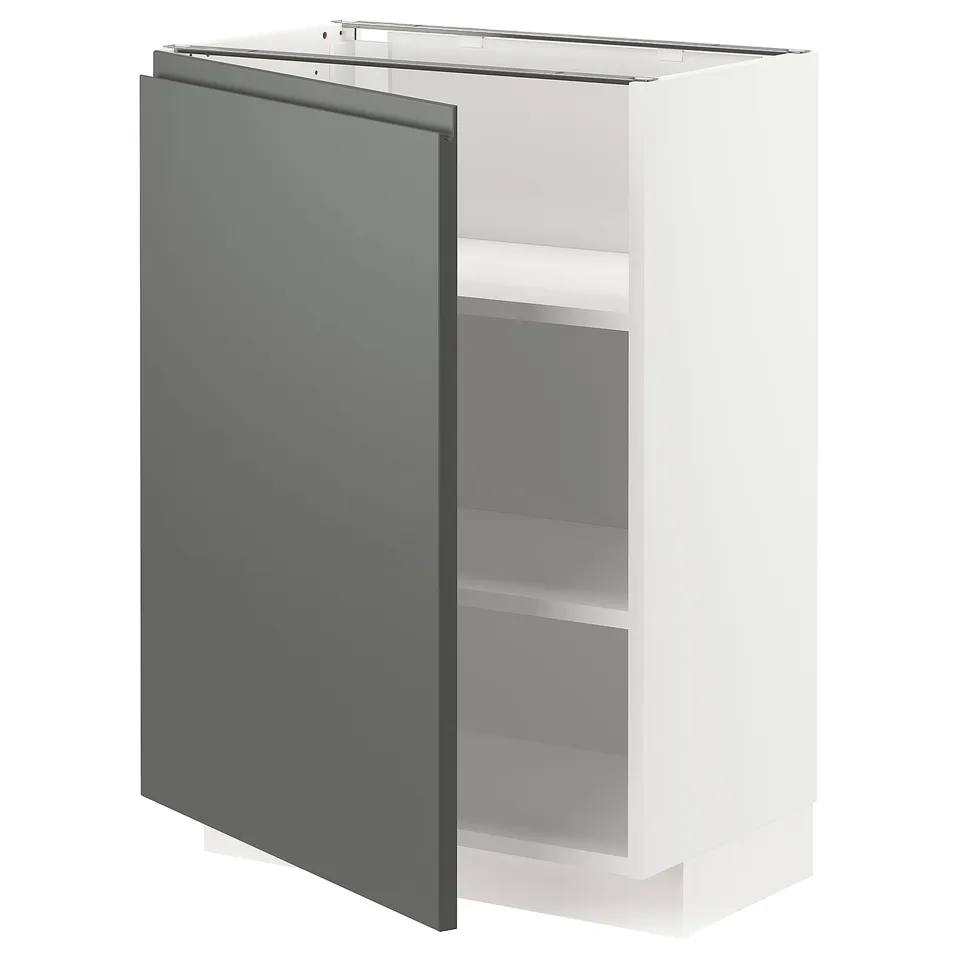Modern grey METOD kitchen cabinet, rectangular with white interior, two shelves, snap-on hinges.