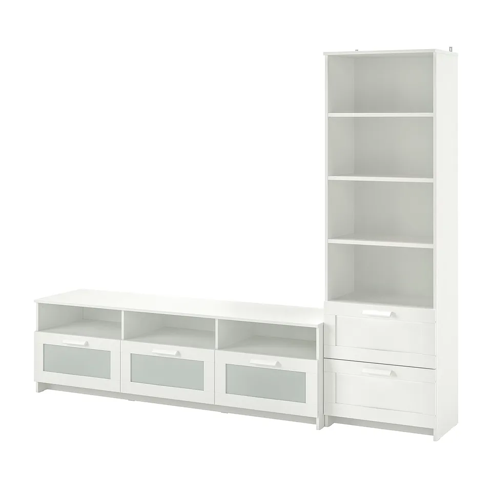 White BRIMNES tv stand and bookcase combo, modern minimalist design, glass-fronted drawers, adjustable shelves.