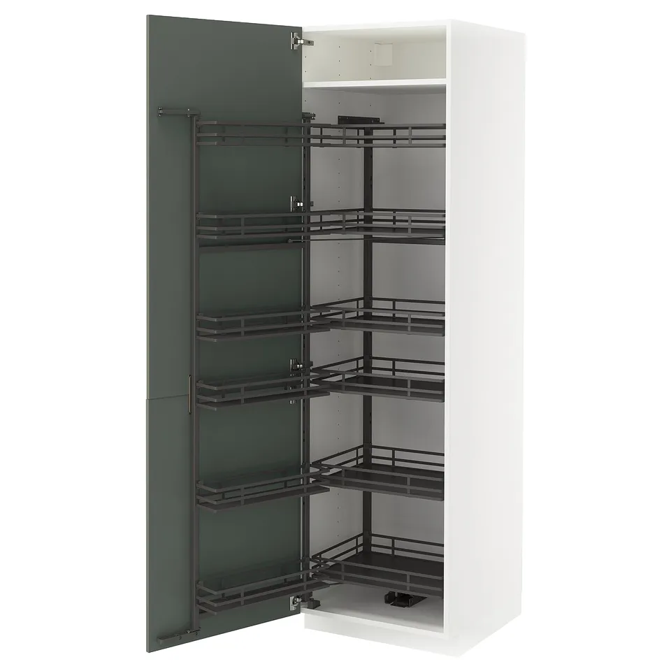 White cabinet with pull-out shelves, grey-green door.