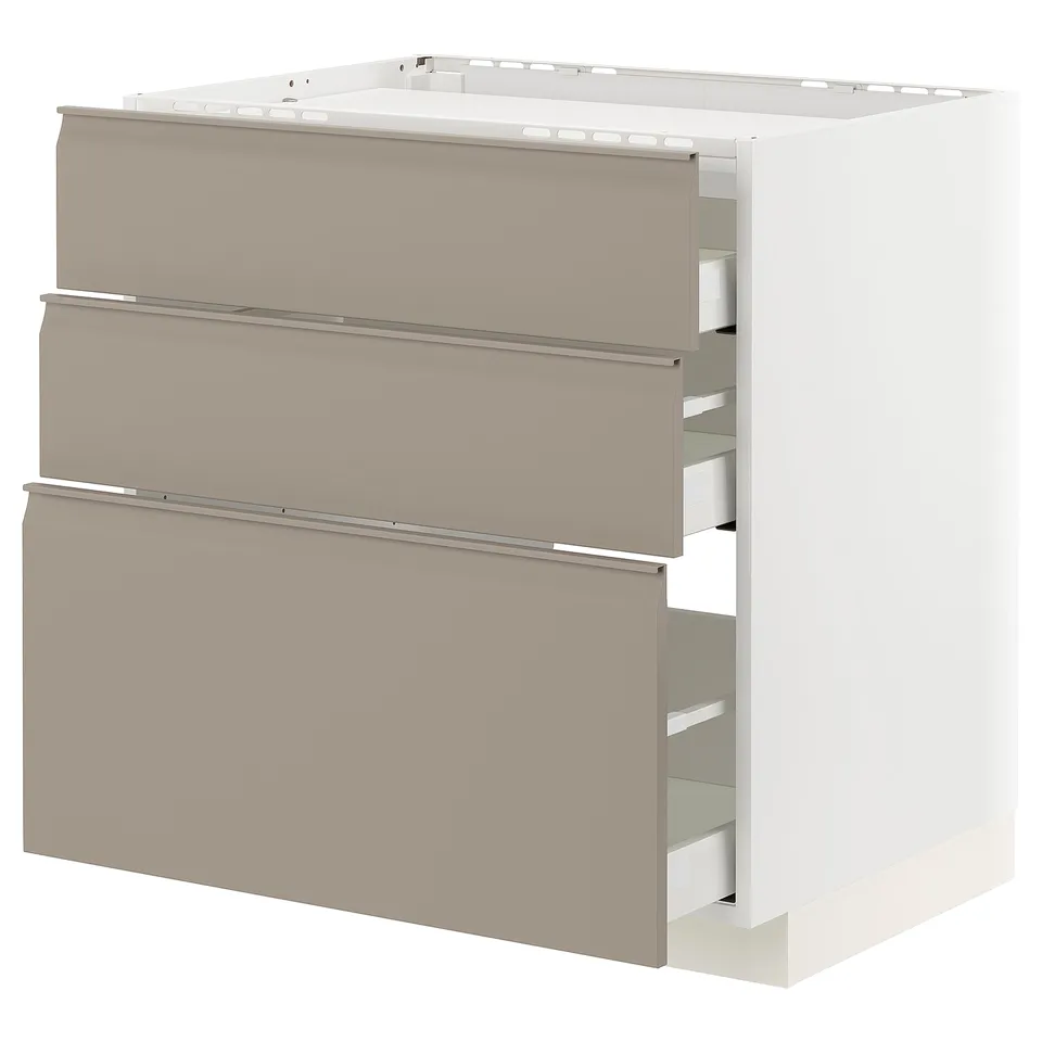 METOD kitchen unit in beige with three grey drawers, sleek modern design.