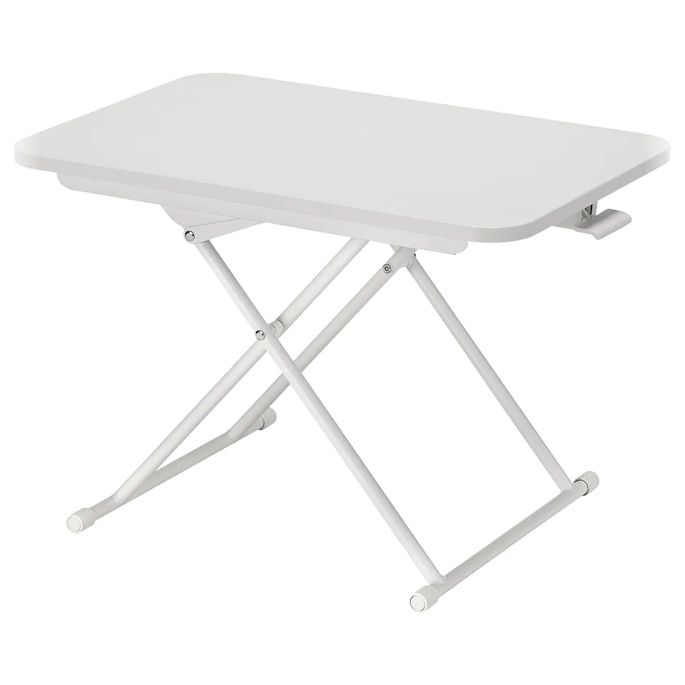 DUBBLA white adjustable laptop stand. Steel and particleboard, rectangular, foldable design.