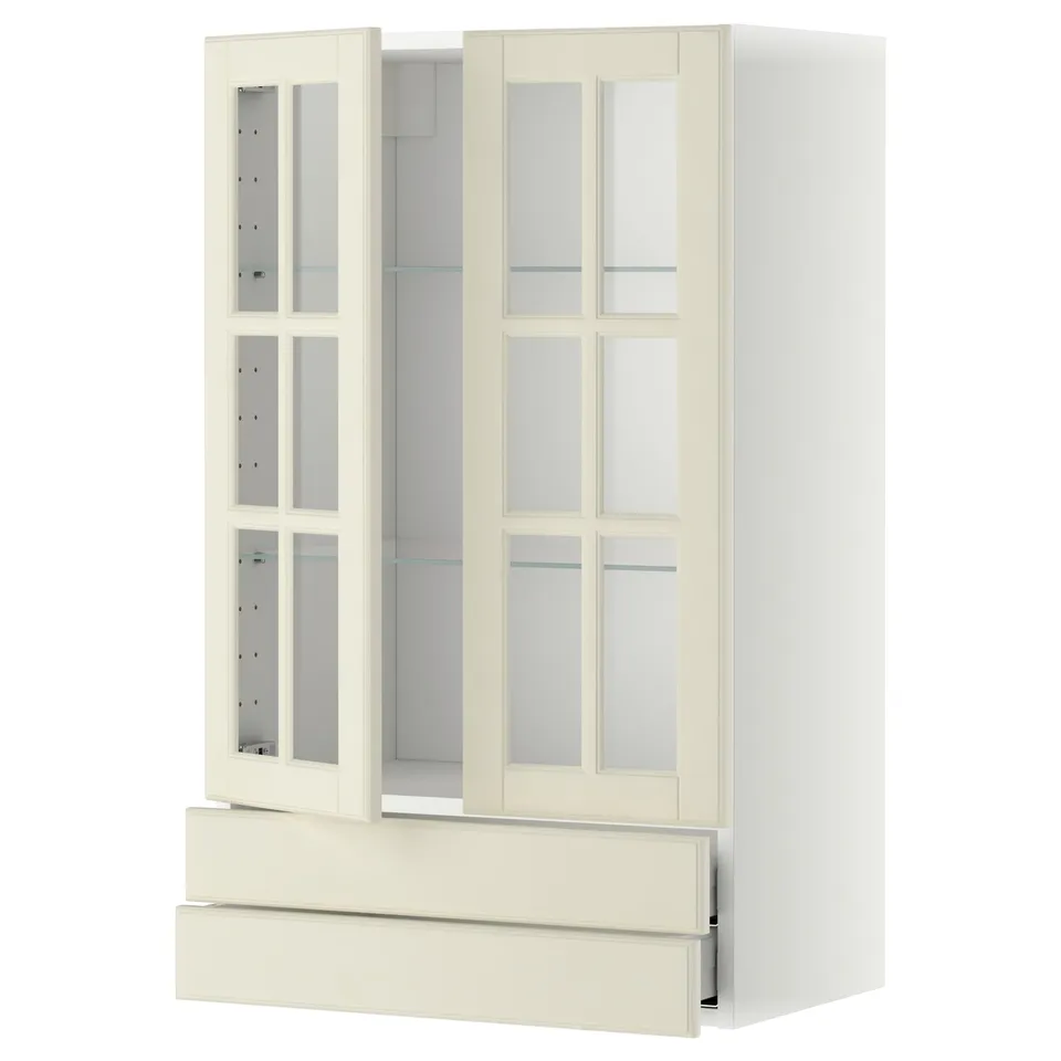 An off-white METOD kitchen cabinet with glass doors, featuring a classic design with bevelled edges and adjustable shelves.