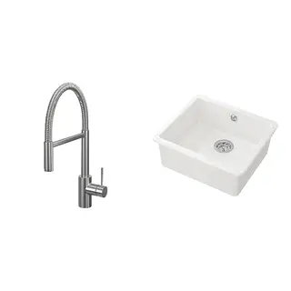 HAVSEN/SALLSJÖN set: inset sink, 1 bowl + kitchen mixer tap pull down w spray, stainless steel colour + white, Height 480 mm