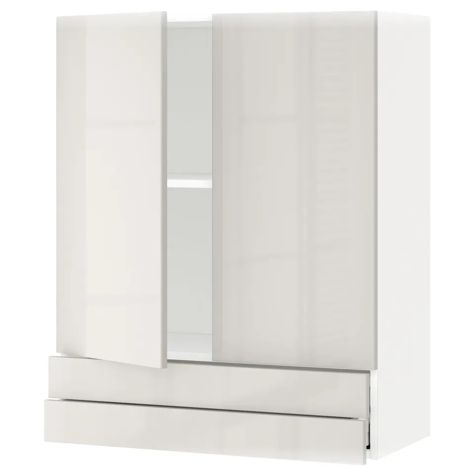 White modern kitchen cabinet with glass doors and drawers.