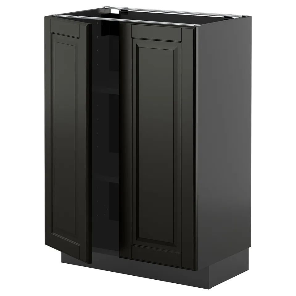 Dark grey METOD kitchen cabinet with bevelled bodbyn fronts, square shape, sturdy frame, and adjustable shelves.