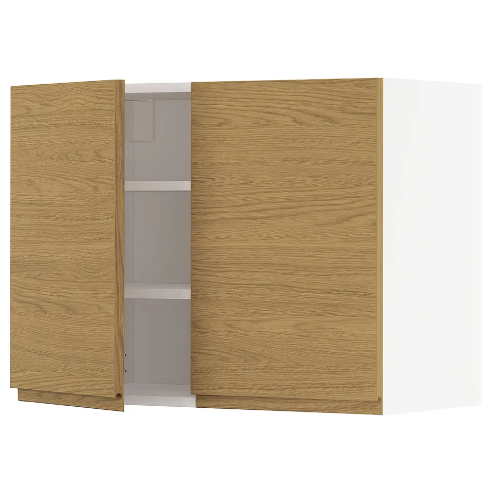 Open wood-grain cabinet, showing shelves inside.